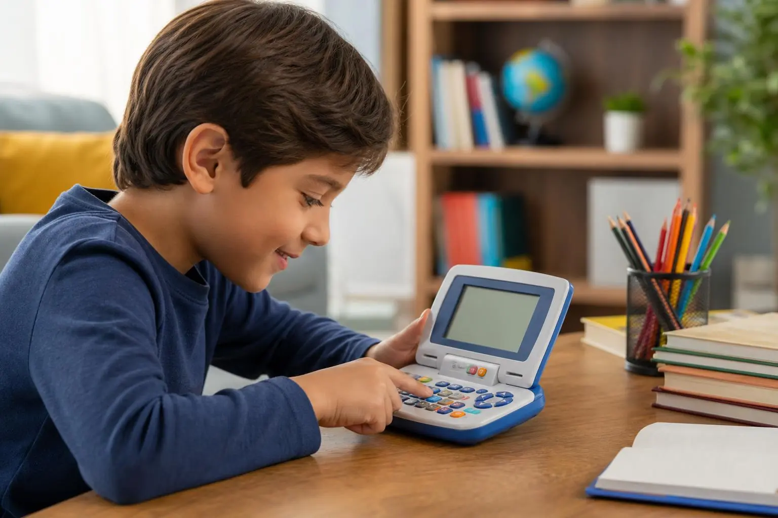 Diccionario electrónico infantil sobre un escritorio, ideal para aprender palabras sin usar el celular