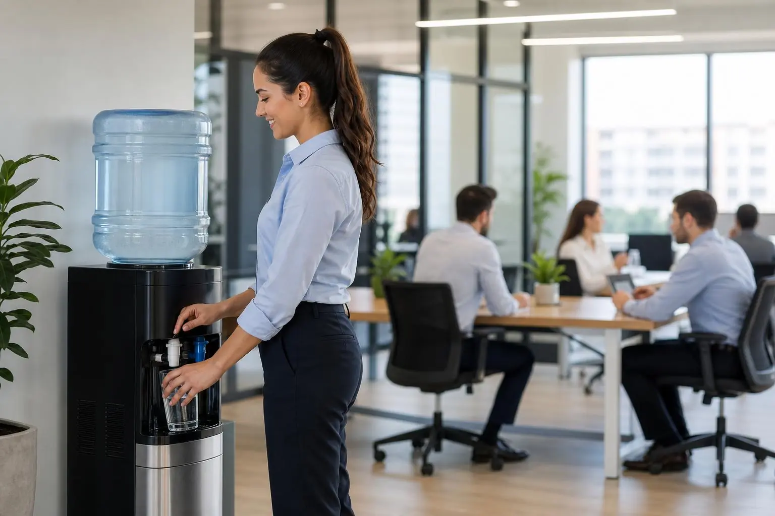 Dispensador de agua en una oficina para apoyar la hidratación laboral y el bienestar del personal