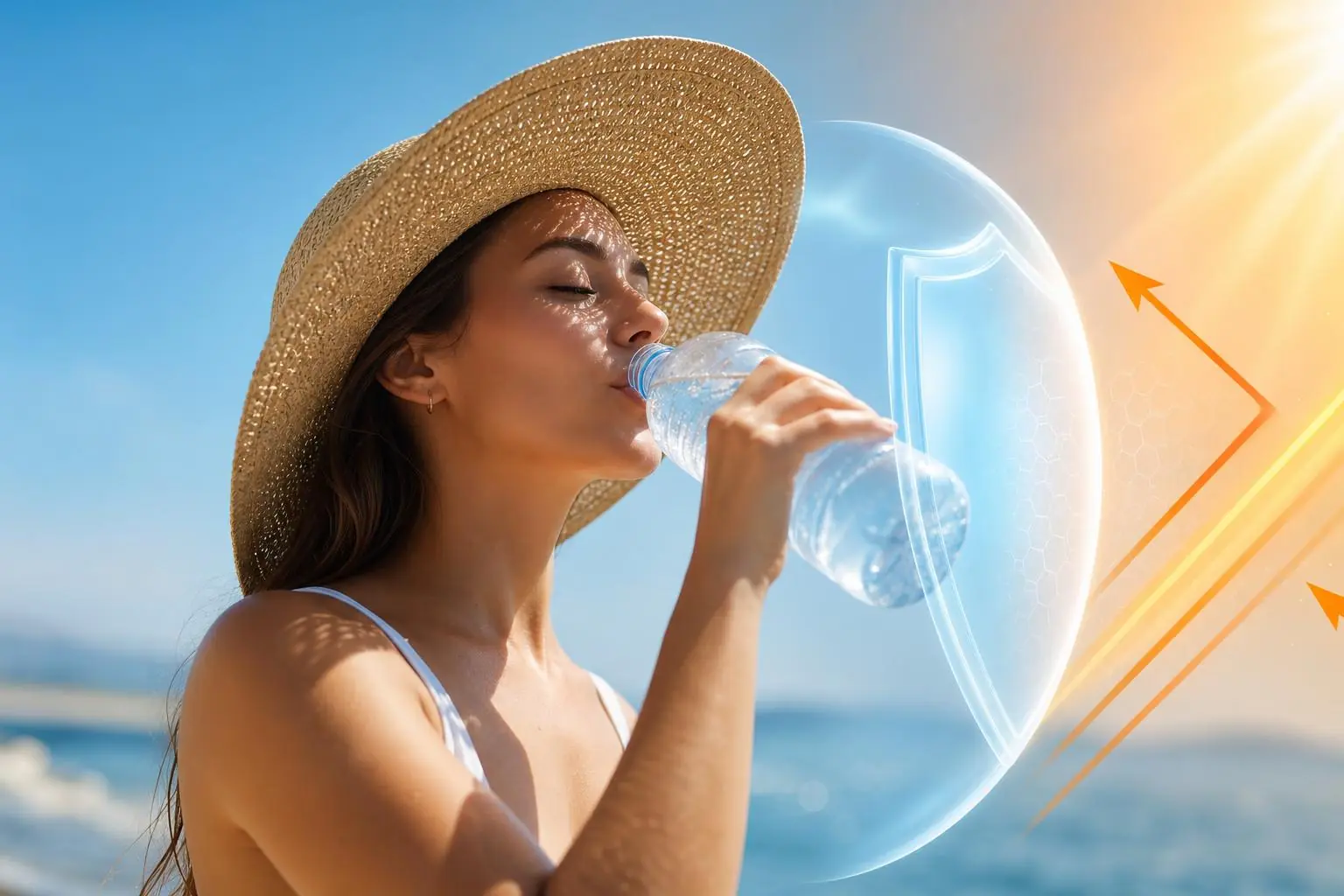 Persona bebiendo agua mientras se protege del sol y la radiación UV