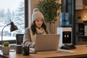 Espacio de oficina acogedor durante el invierno, con equipo ergonómico que favorece la comodidad y productividad