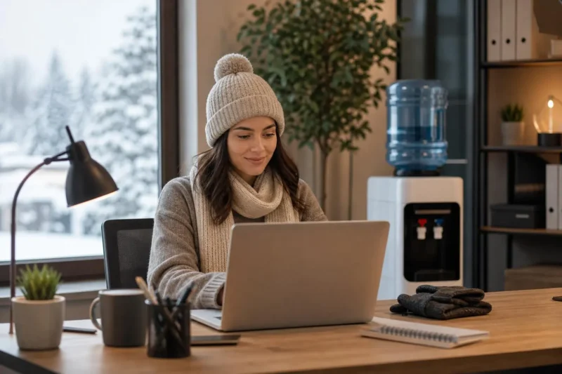 Espacio de oficina acogedor durante el invierno, con equipo ergonómico que favorece la comodidad y productividad