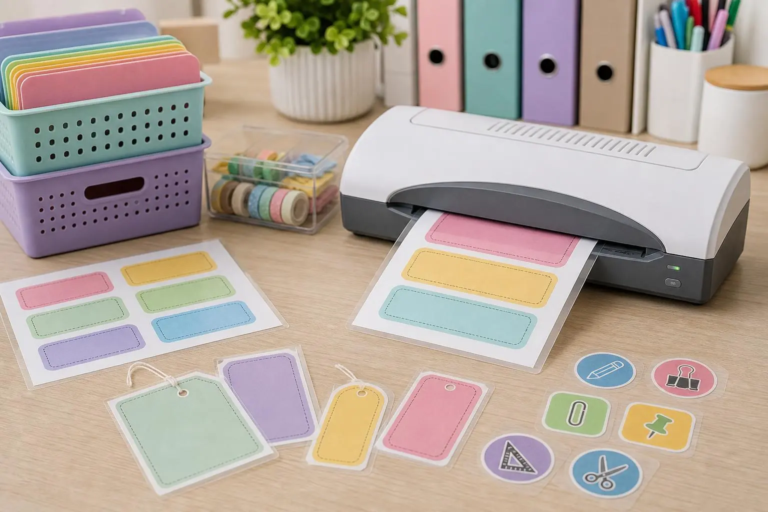 Organizadores y etiquetas reutilizables elaborados con una laminadora para mantener todo en orden