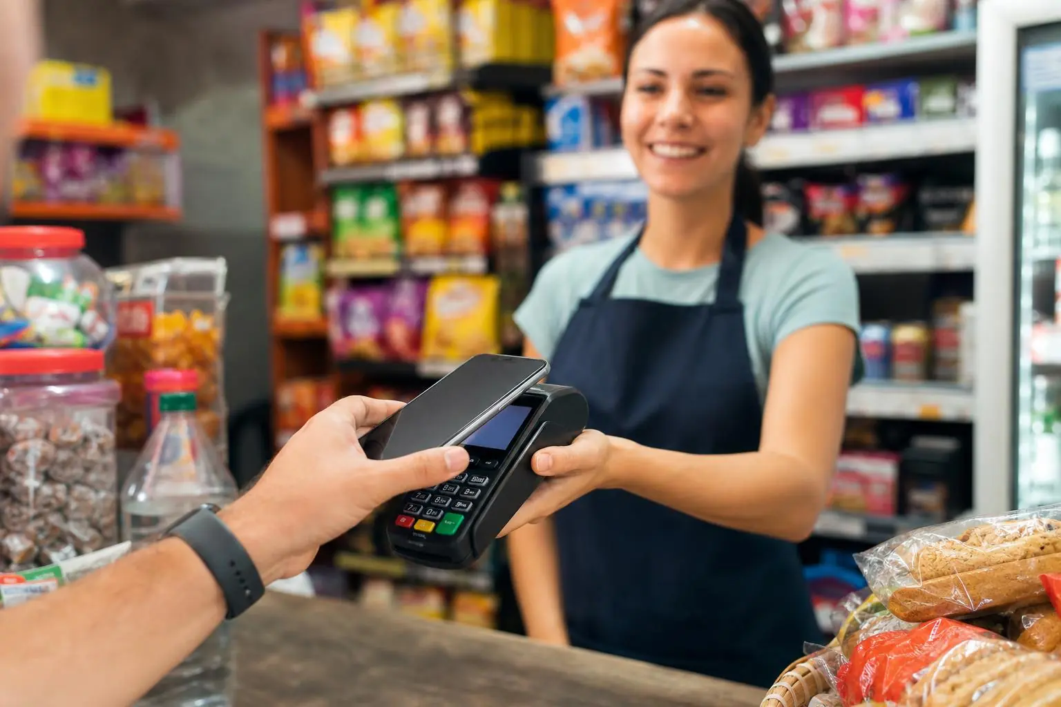 Tienda de abarrotes con caja registradora Royal para agilizar cobros durante un partido de la NFL