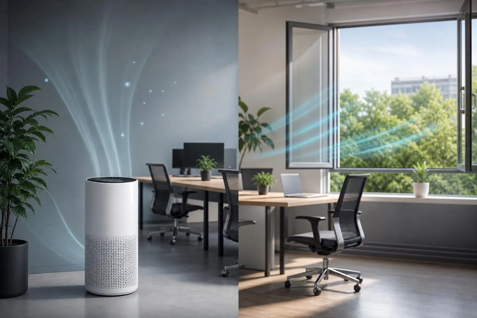 Purificador de aire en una oficina moderna junto a un sistema de ventilación