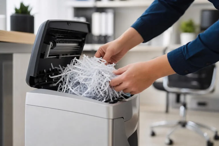 Persona retirando con cuidado papel atascado de una trituradora de papel