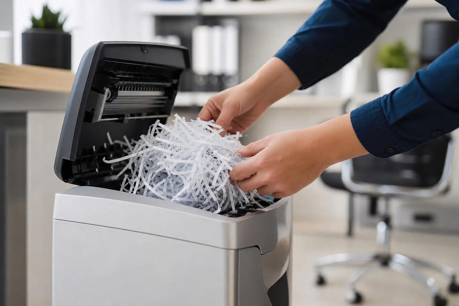 Persona retirando con cuidado papel atascado de una trituradora de papel