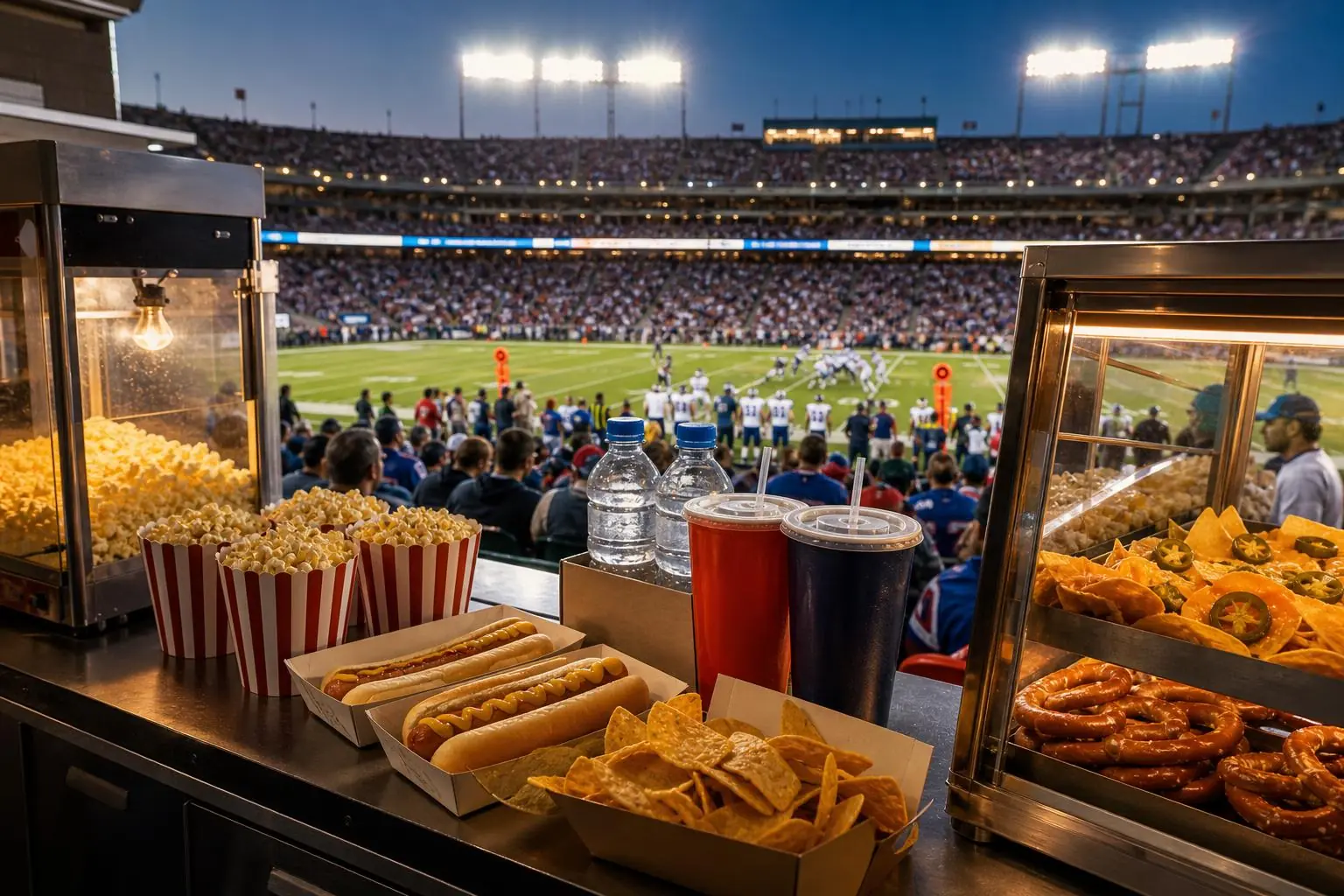 Puesto de venta en un partido de NFL con alimentos, bebidas y productos para aficionados