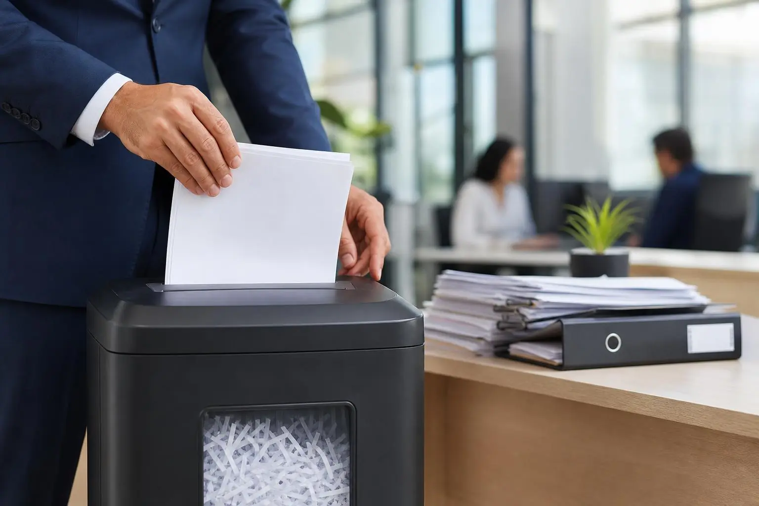 Persona triturando documentos confidenciales en una oficina para proteger información sensible
