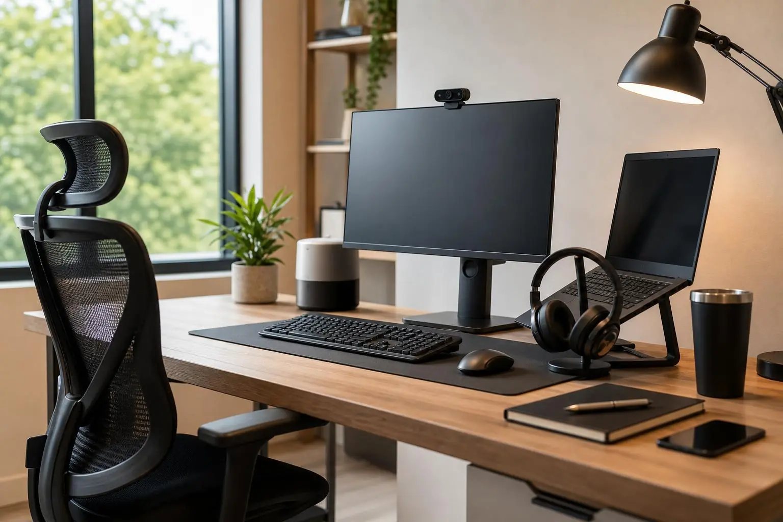 Persona trabajando en un espacio home office con computadora, silla y accesorios de oficina