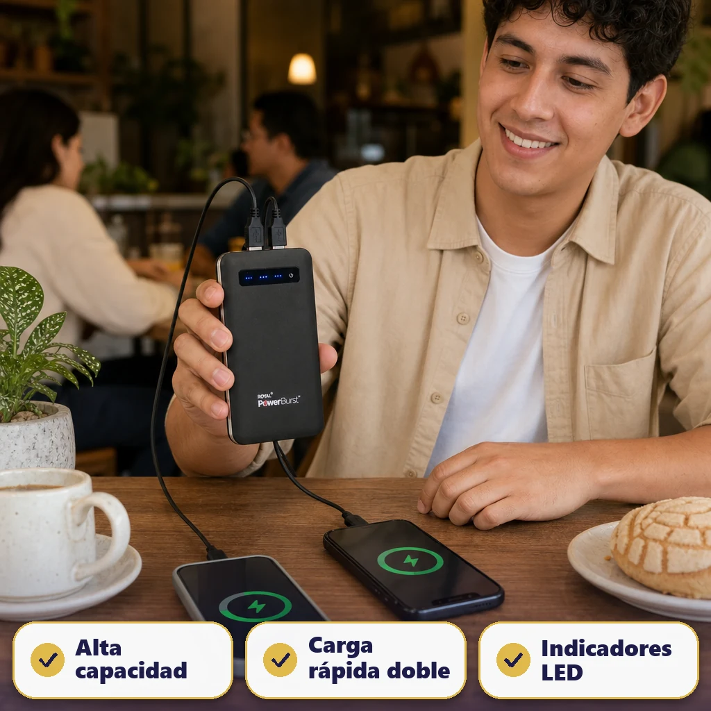 Persona en café mexicano usando batería portátil Royal PowerBurst para cargar dos teléfonos simultáneamente