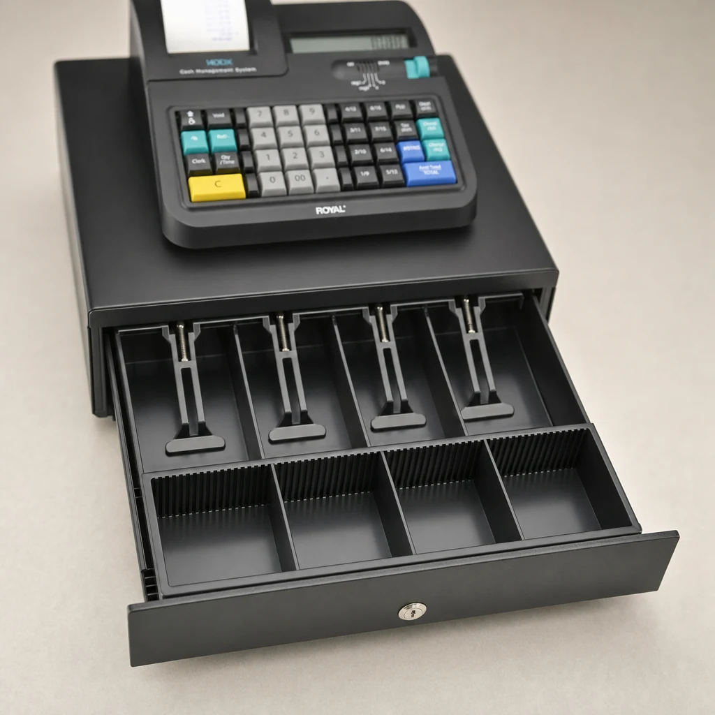 Cajón de efectivo abierto de la caja registradora Royal 140DX con ranuras para billetes y monedas
