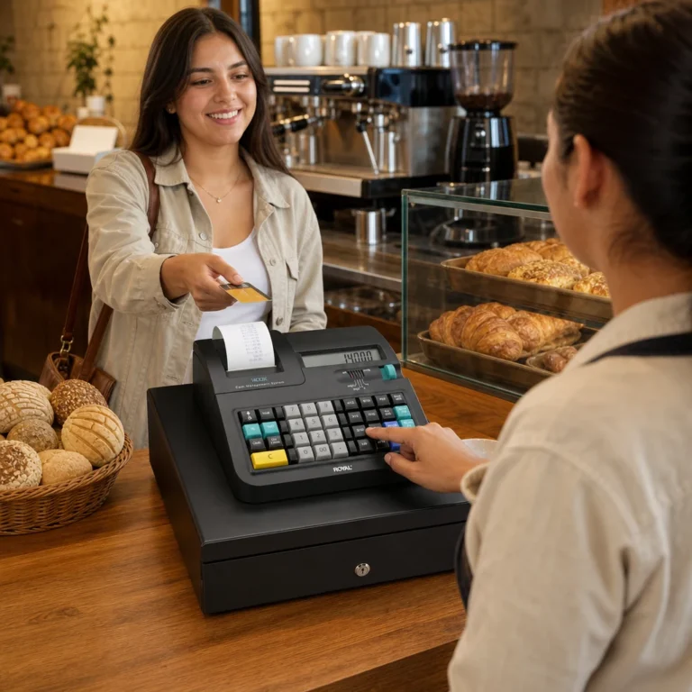Caja registradora Royal 140DX en mostrador de panadería en México, con cajero operando y cliente pagando