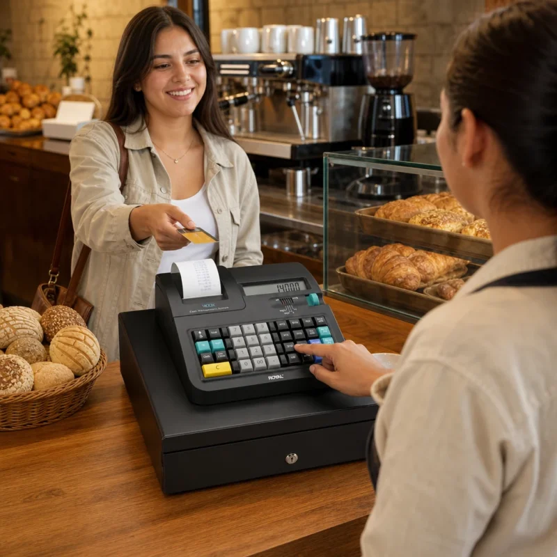 Caja registradora Royal 140DX en mostrador de panadería en México, con cajero operando y cliente pagando