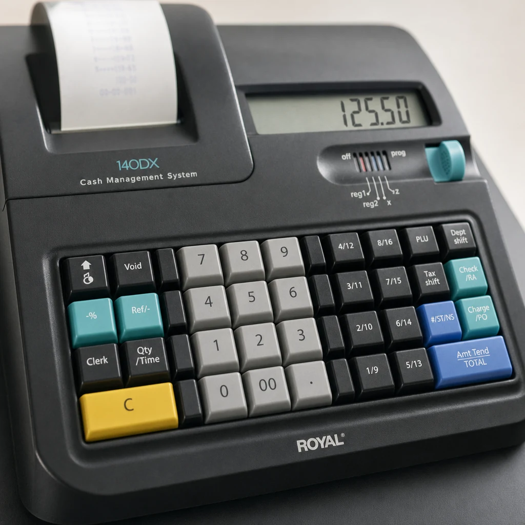 Teclado de la caja registradora Royal 140DX con teclas de departamento, PLU y total, y pantalla LCD del cajero