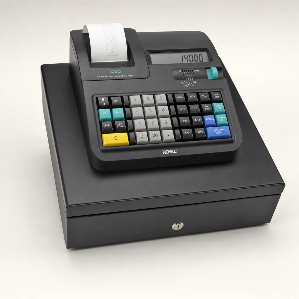 Caja registradora Royal 140DX con impresora de recibos, pantalla LCD y cajón de efectivo con llave