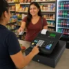 Caja registradora Royal 240DX en mostrador de tienda de abarrotes con cajero y cliente realizando pago