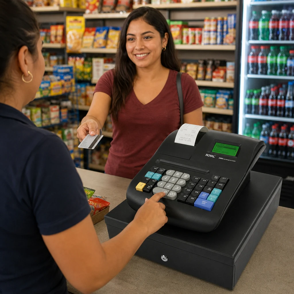 Caja registradora Royal 240DX en mostrador de tienda de abarrotes con cajero y cliente realizando pago