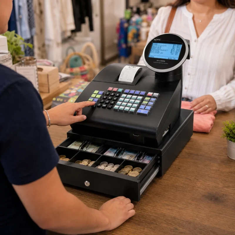 Caja registradora Royal Alpha 1100ML en mostrador de tienda en México con recibo impreso y cajera usando teclas coloridas