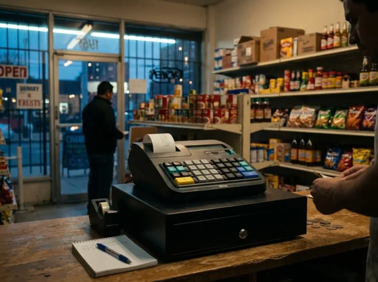 Caja registradora Royal con cajón de dinero sobre el mostrador de madera de una tienda de abarrotes
