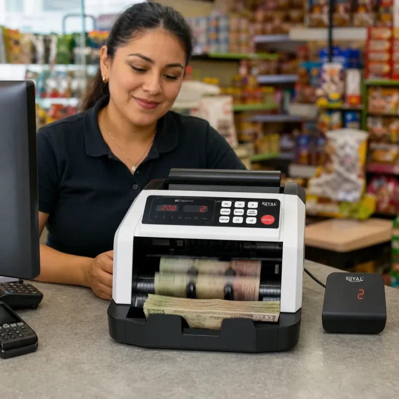 Contador de billetes Royal BC1000 Plus en mostrador de tienda mexicana contando pesos mexicanos