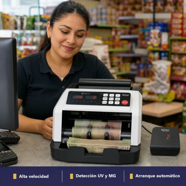Contador de billetes Royal BC1000 Plus en mostrador de tienda mexicana contando pesos mexicanos