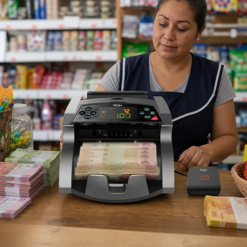 Contador de billetes Royal BC1001 en una tienda mexicana contando pesos y mostrando resultados en pantalla LCD