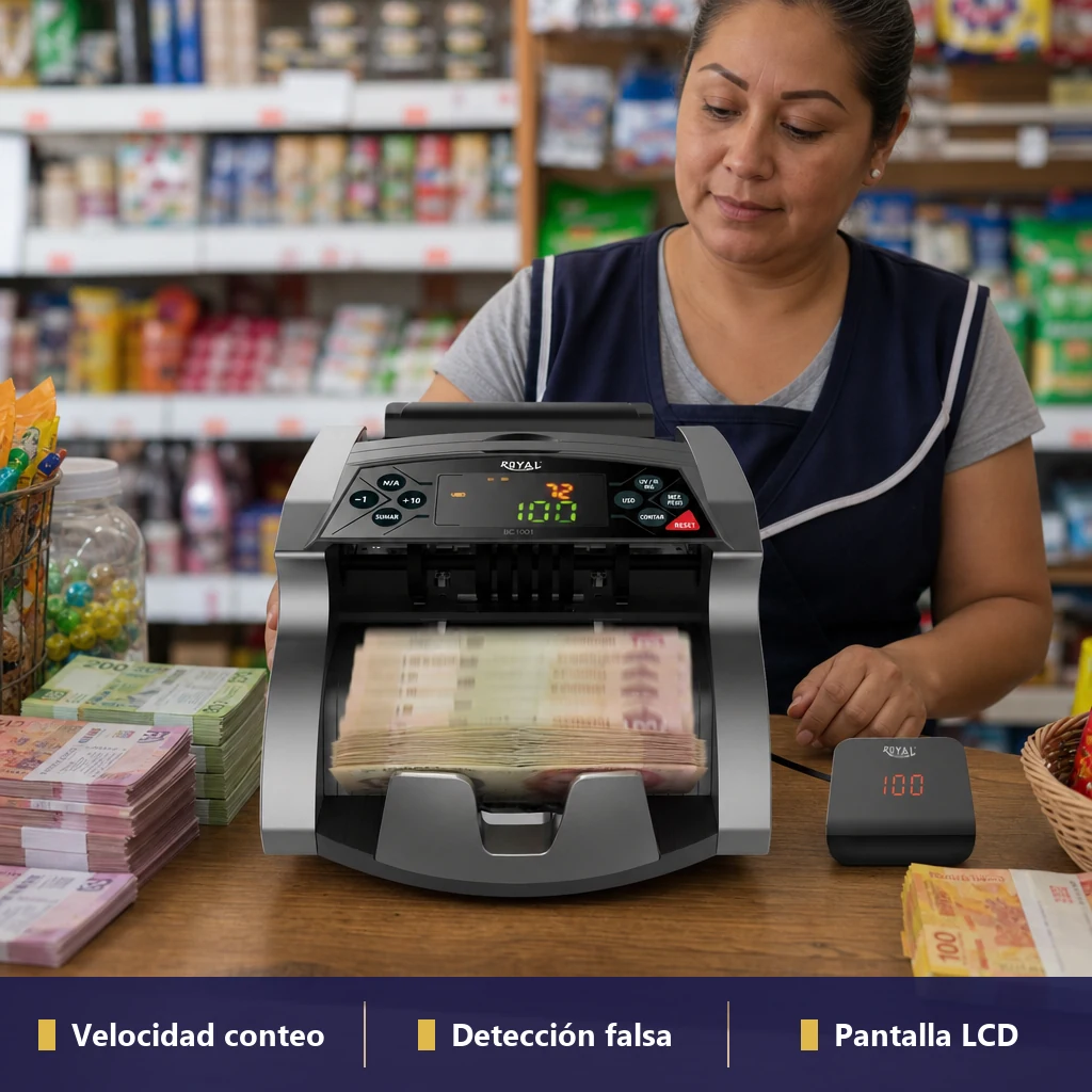 Contador de billetes Royal BC1001 en una tienda mexicana contando pesos y mostrando resultados en pantalla LCD