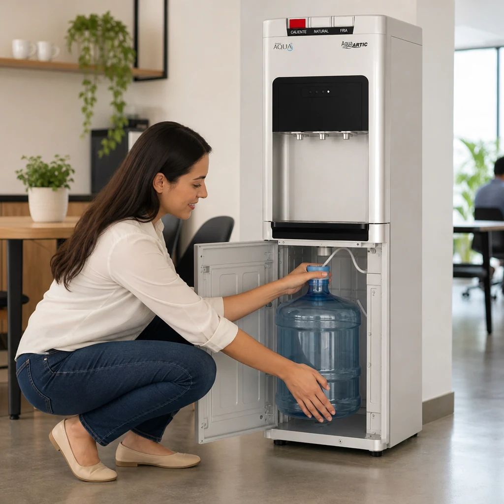 Dispensador Royal Aqua Arctic en una oficina moderna mexicana con persona cargando garrafón desde la parte inferior