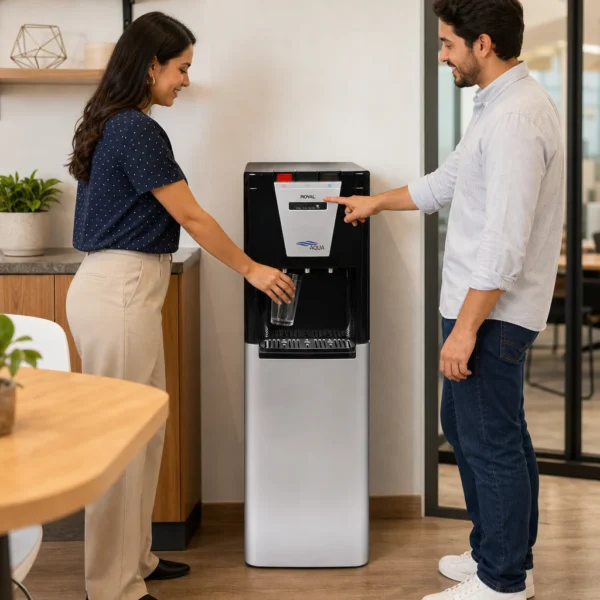 Dispensador Royal Aqua Freeze en cocina de oficina mexicana, persona presionando botón de agua caliente y otra llenando vaso
