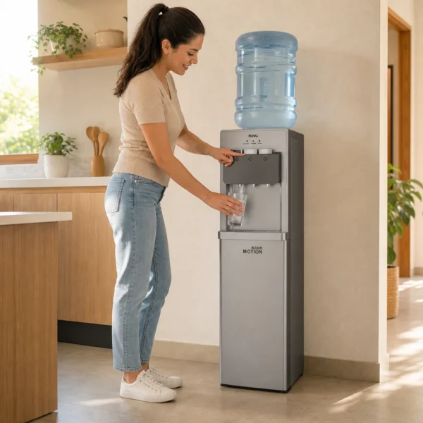 Dispensador Royal Aqua Motion en cocina mexicana, persona llenando vaso con agua fría, luz matutina cálida
