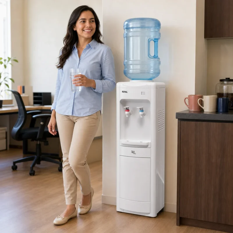 Dispensador Royal Aqua Spring con garrafón en oficina pequeña, persona sostiene vaso con agua junto al equipo
