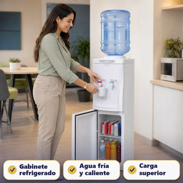 Dispensador Royal Aqua Style en oficina mexicana con gabinete abierto y persona usando agua caliente
