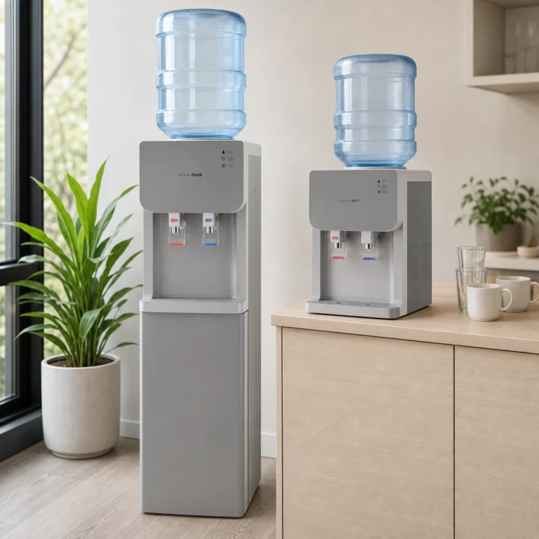 Dispensador de agua de piso Royal Aqua Plus junto a uno de mesa Aqua Sky en una cocina de oficina luminosa