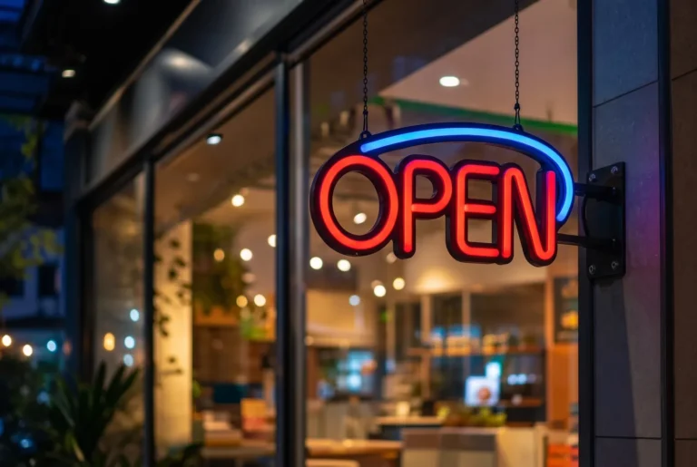 Letrero LED «OPEN» rojo y azul encendido en la entrada de un negocio por la noche