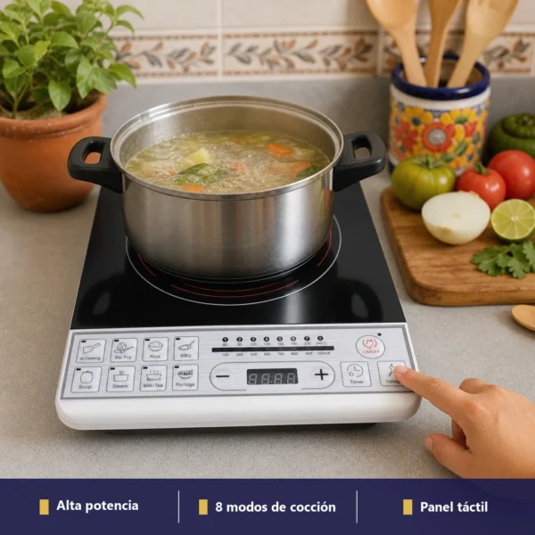 Parrilla de inducción Royal 18B1 en encimera de cocina mexicana con olla y persona usando panel táctil
