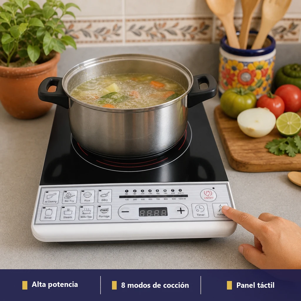 Parrilla de inducción Royal 18B1 en encimera de cocina mexicana con olla y persona usando panel táctil