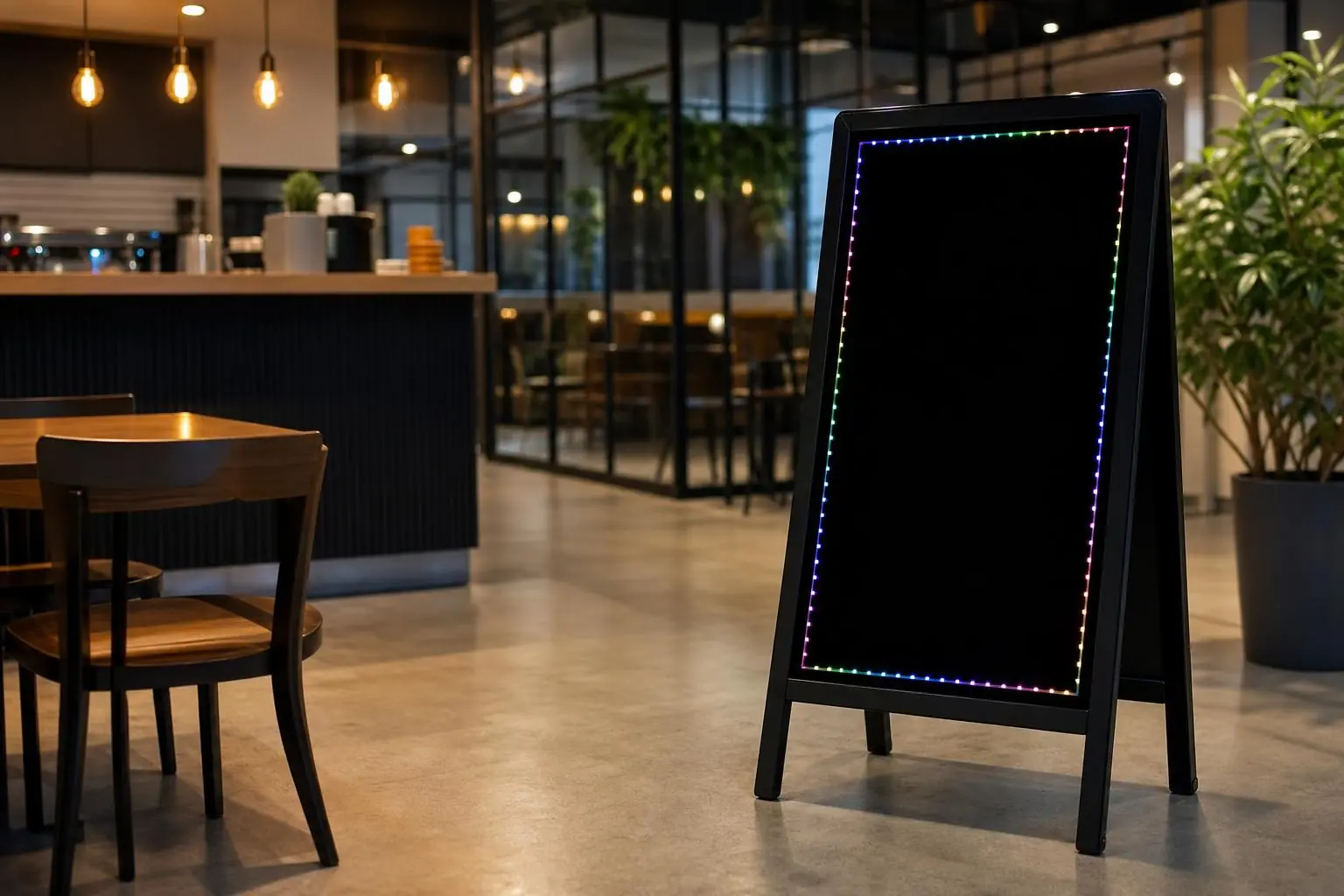 Pizarrón LED Royal 52133HM instalado para mostrar mensajes y promociones en un negocio