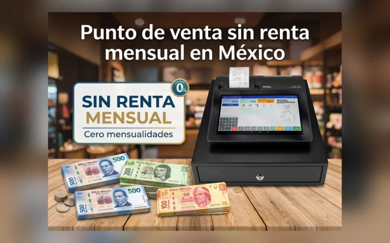Punto de venta Royal POS1500 junto a billetes mexicanos, con el mensaje «Sin renta mensual, cero mensualidades»