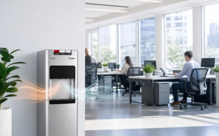 Dispensador de agua Royal Aqua Arctic plateado en una oficina, con el aire frío y caliente ilustrado a su alrededor