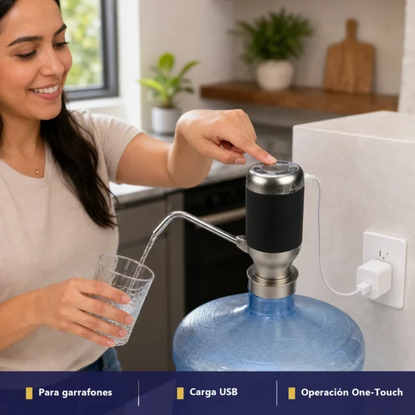Persona usando la bomba eléctrica Royal Aqua Fun 500 para dispensar agua de un garrafón en cocina mexicana