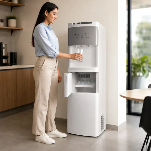 Dispensador Royal Consumer Aqua Ice en cocina de oficina mexicana, persona llena vaso y muestra hielo en compartimento abiert