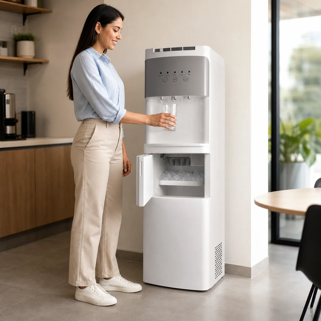Dispensador Royal Consumer Aqua Ice en cocina de oficina mexicana, persona llena vaso y muestra hielo en compartimento abiert