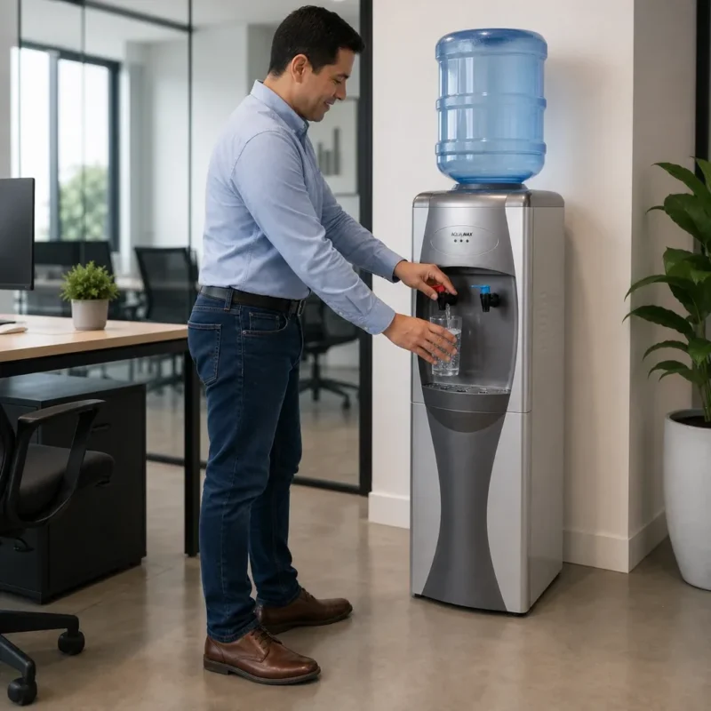 Dispensador Aqua Max en oficina moderna mexicana, persona llenando vaso con agua fría del grifo azul
