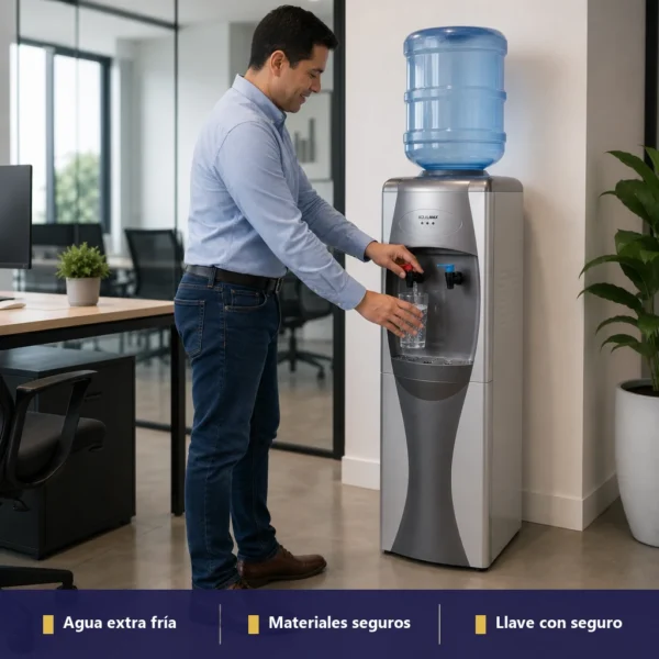 Dispensador Aqua Max en oficina moderna mexicana, persona llenando vaso con agua fría del grifo azul