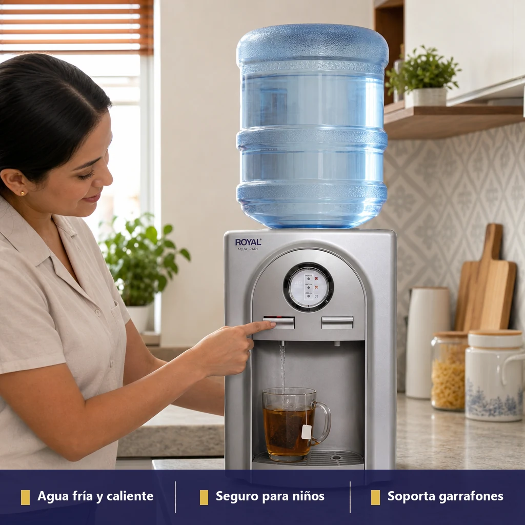 Dispensador Royal Aqua Rain en cocina mexicana, persona usa botón de agua caliente con seguro infantil