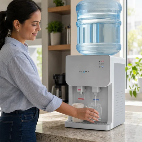 Dispensador Royal Aqua Sky en cocina de oficina mexicana, persona llena vaso con agua fría, taza lista para agua caliente