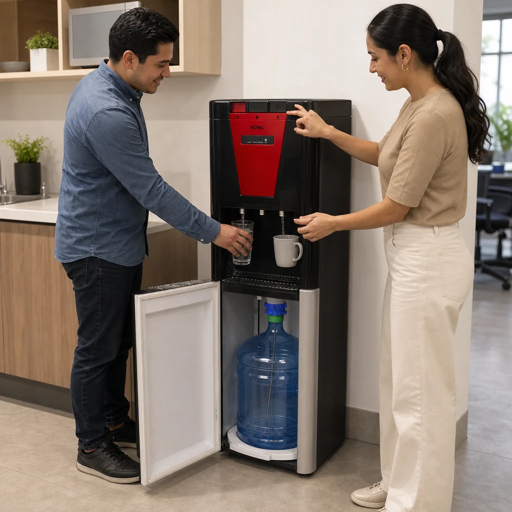 Dispensador Royal Aqua Freeze rojo en cocina de oficina mexicana, persona usa bloqueo infantil para agua caliente y otra llen