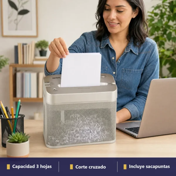 Royal HT3SL en uso en un entorno real: capacidad 3 hojas, corte cruzado y incluye sacapuntas