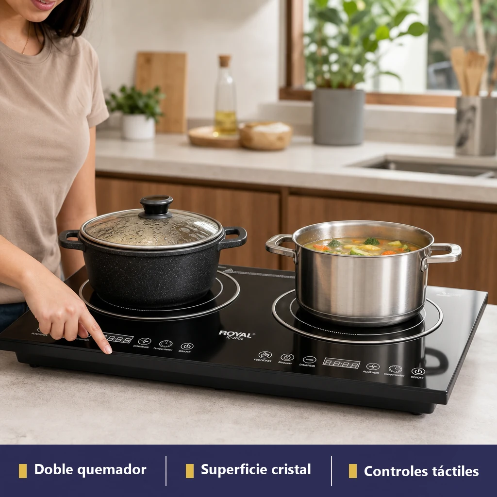 Parrilla de inducción Royal IC-2000 en cocina moderna con dos ollas y controles táctiles en uso