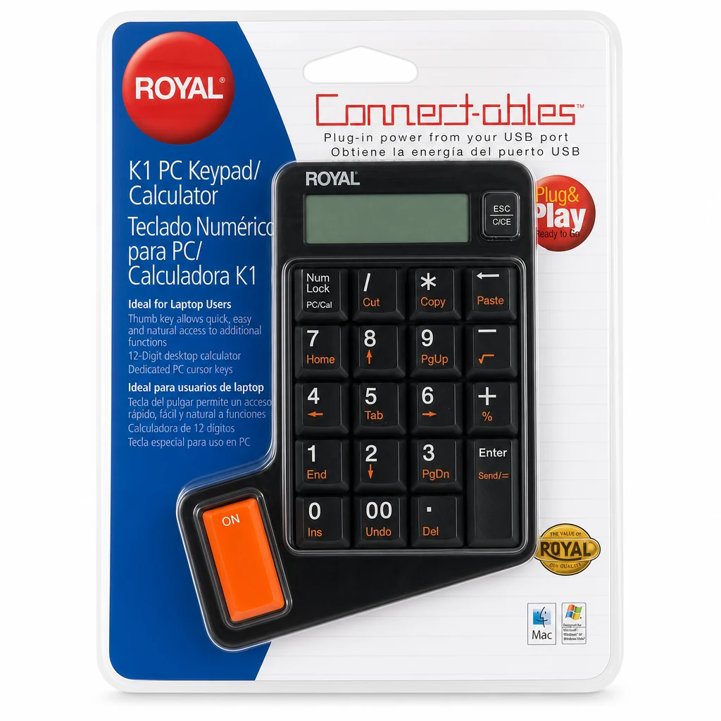 Royal Connect-ables K1: Teclado Numérico USB para Laptop y Calculadora de 12 Dígitos